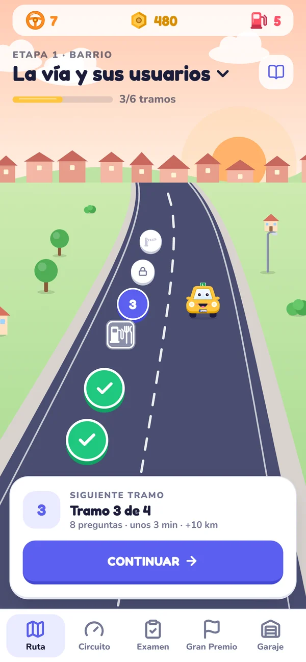 Pantalla real de Aptorr: la primera etapa, con una carretera, tramos completados y Rueditas